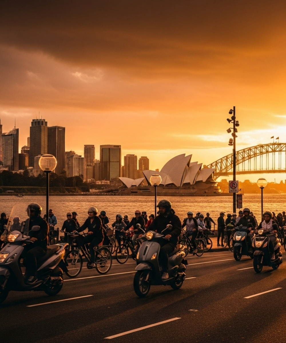 A group of people on scooters and bicycles ride along a road at sunset, with the Sydney Opera House and Harbour Bridge visible in the background against a dramatic orange sky.