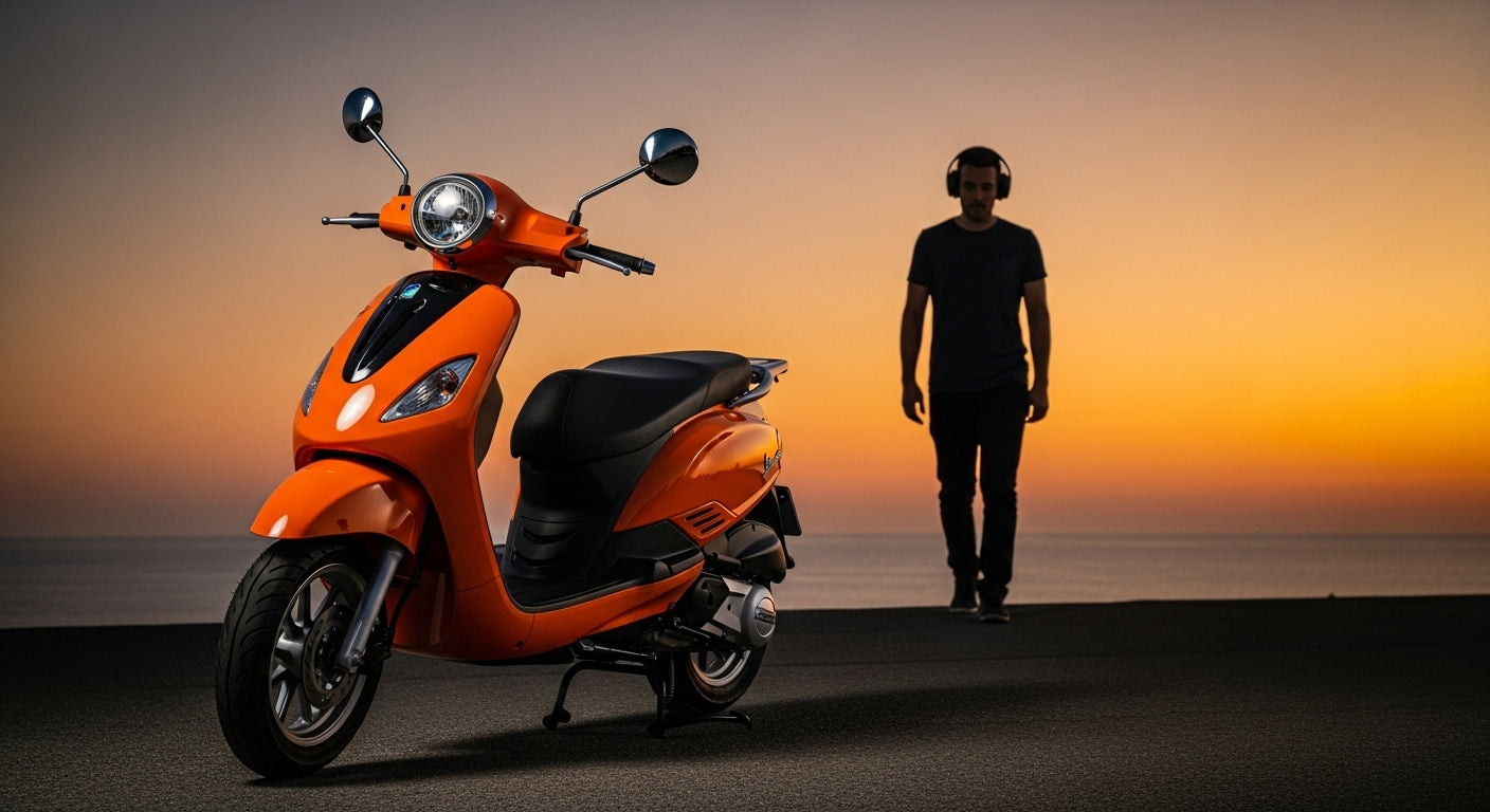 An orange scooter parked on a road, with a man wearing headphones walking in the background against a golden sunset over the water.